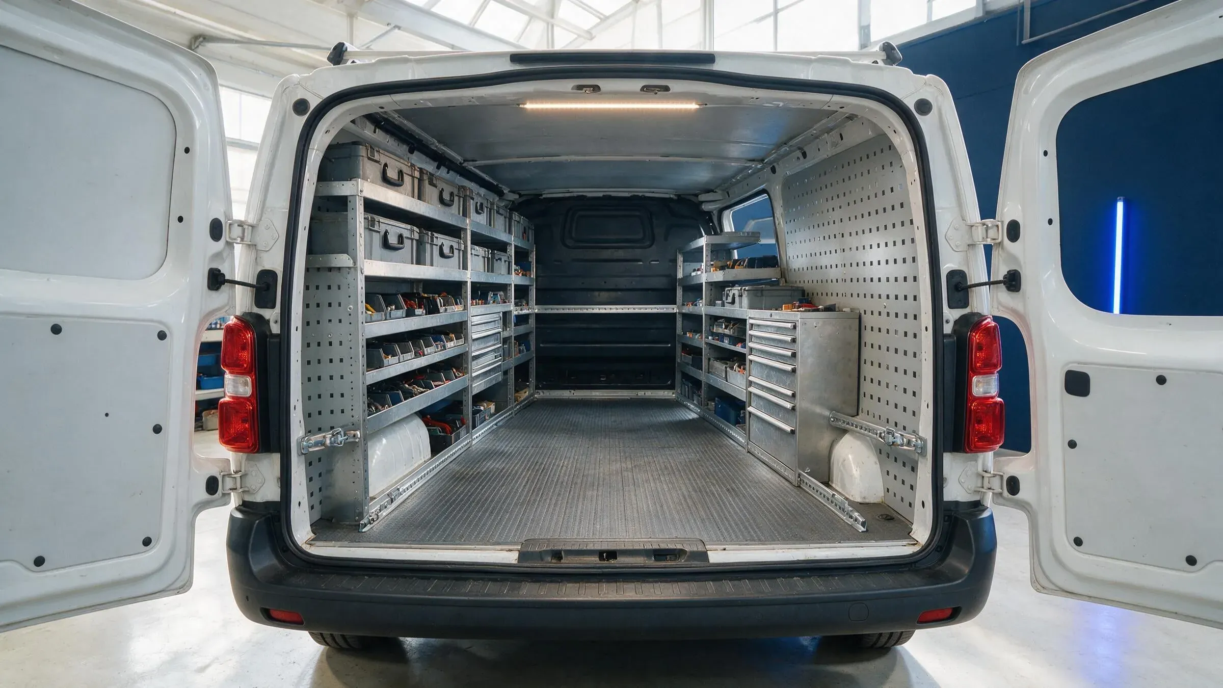 Kompletter Laderaumausbau von hinten: Bodenplatte, Wandverkleidung, Regale und Schubladenblock