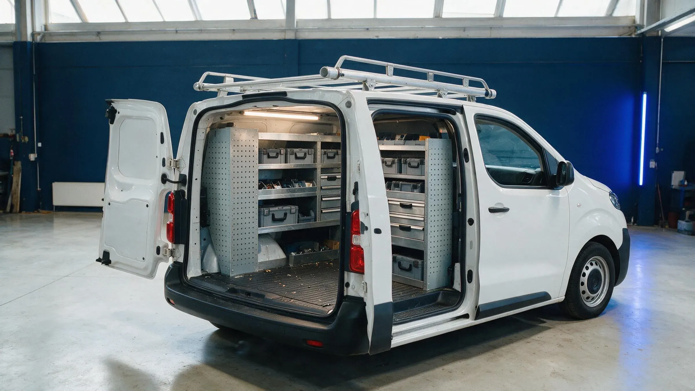 Weisser Transporter mit Aluminium-Dachträger und Rohrtragrohr über dem Dach