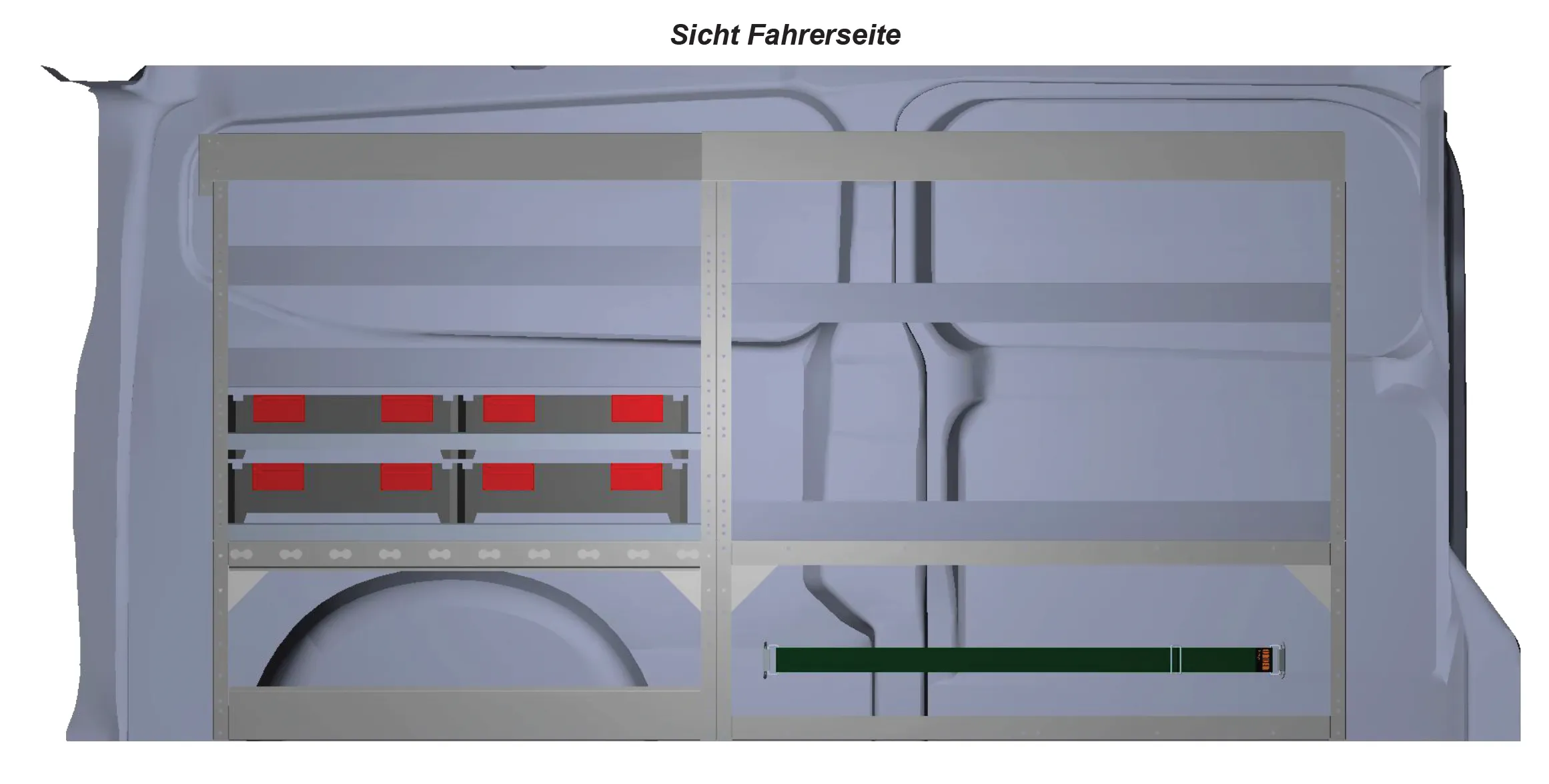 Massstäbliche Planungszeichnung der Fahrerseite mit eingezeichneten Regalen und Schubladen