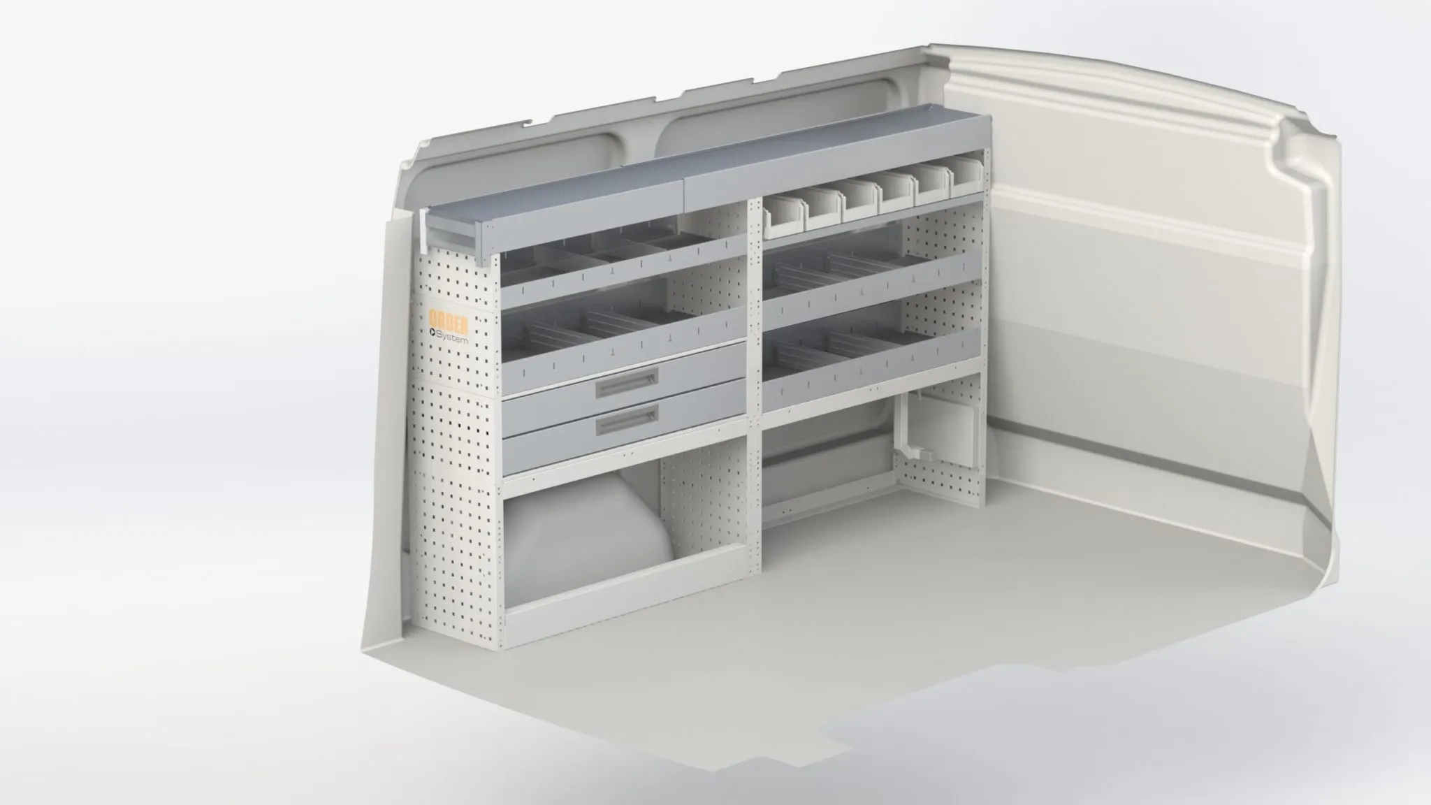 Freigestellte Darstellung eines Laderaums mit modularem Regalsystem: Fachböden, Trennstege, Schubladen und Sichtlagerkästen an der Seitenwand