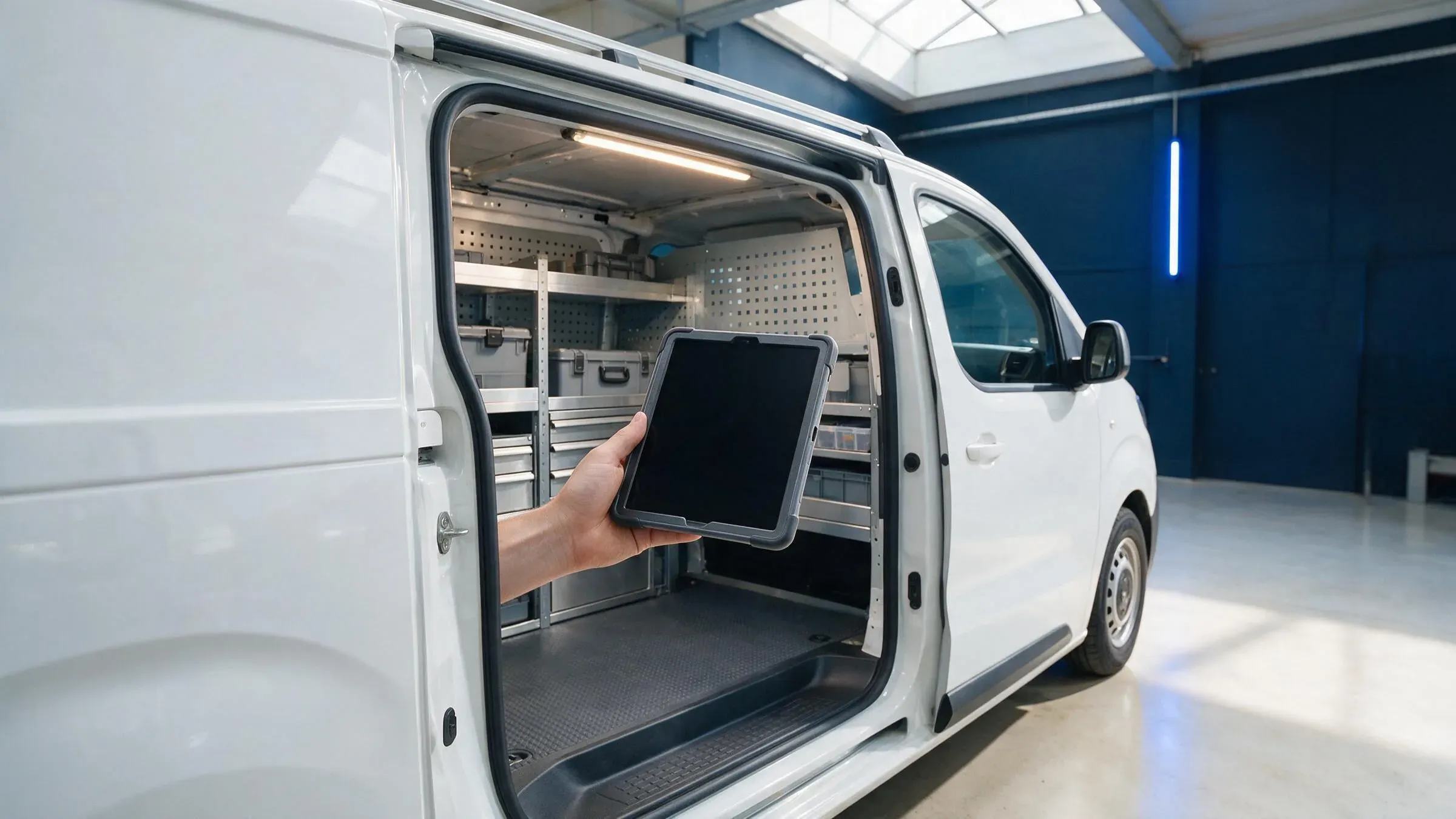 Hand mit robustem Tablet an der offenen Seitentür, dahinter der eingerichtete Laderaum
