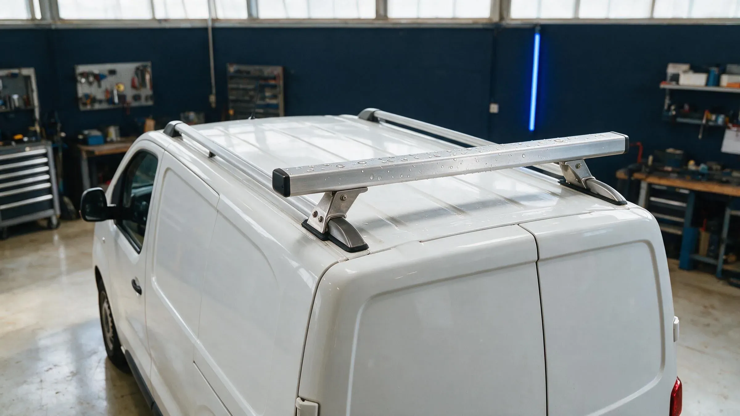 Dachträger-Querträger aus eloxiertem Aluminium mit Wassertropfen