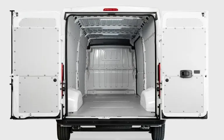 Transporter mit geöffneten Hecktüren, Seitenwände und Türinnenseiten mit hellen Verkleidungsplatten ausgekleidet
